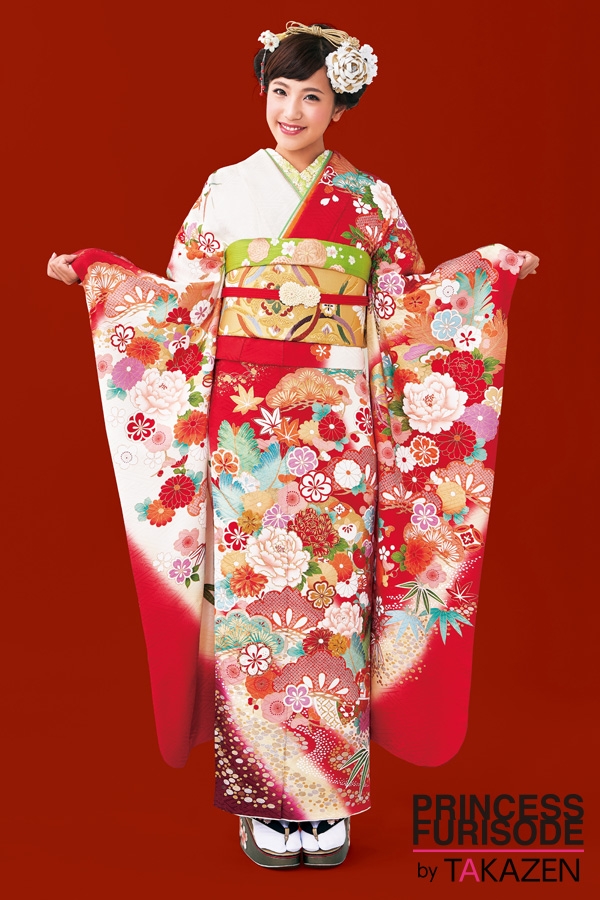 赤と白のコントラストが綺麗な新古典柄の振袖です