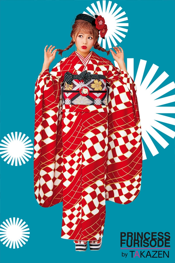 赤色の幾何学模様が個性的な振袖です